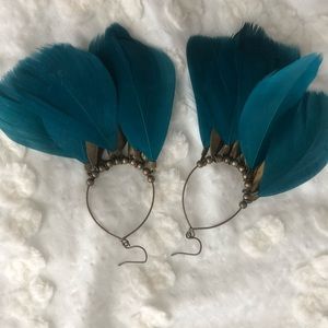 Teal hoop feather earrings